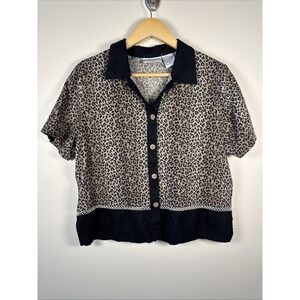 Studio Ease Leopard Print Linen Blend Top Women's 12 Open Weave Detail Button-Up